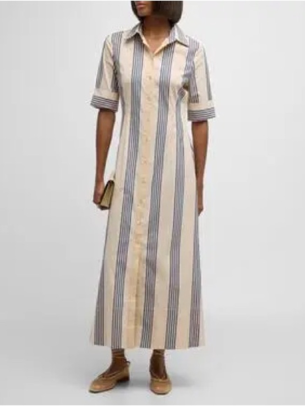 NWT STAUD Joan Stripe Maxi Shirt Dress Womens 12 CreamNavy Blue Short Sleeve NEW